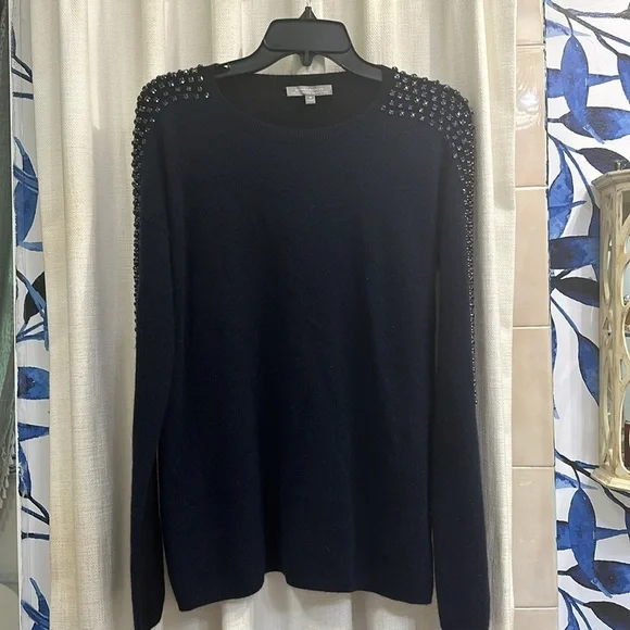 Women’s Neiman Marcus Cashmere Blue & Black Rhinestone Embellished Sweater Sz M - Picture 2 of 6